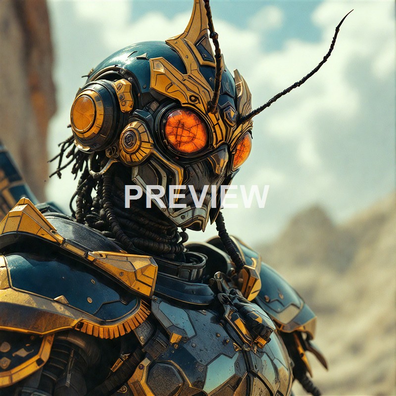 A detailed close-up of a humanoid robot with a gold and black metallic exterior, glowing orange eyes, and antennae, set against a cloudy sky background.